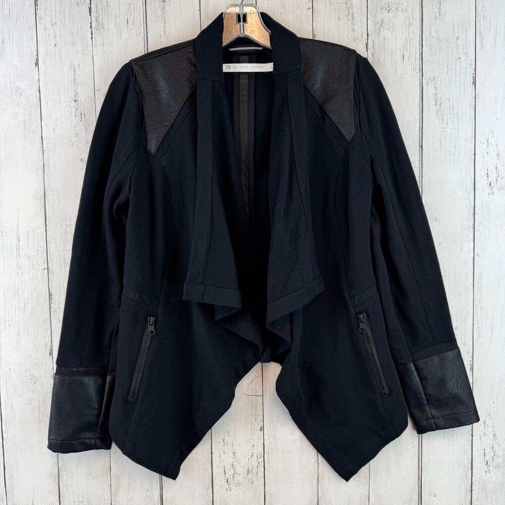 Blanc Noir Black Faux Leather Stretch Cotton Moto Jacket Mesh Accent Size Small